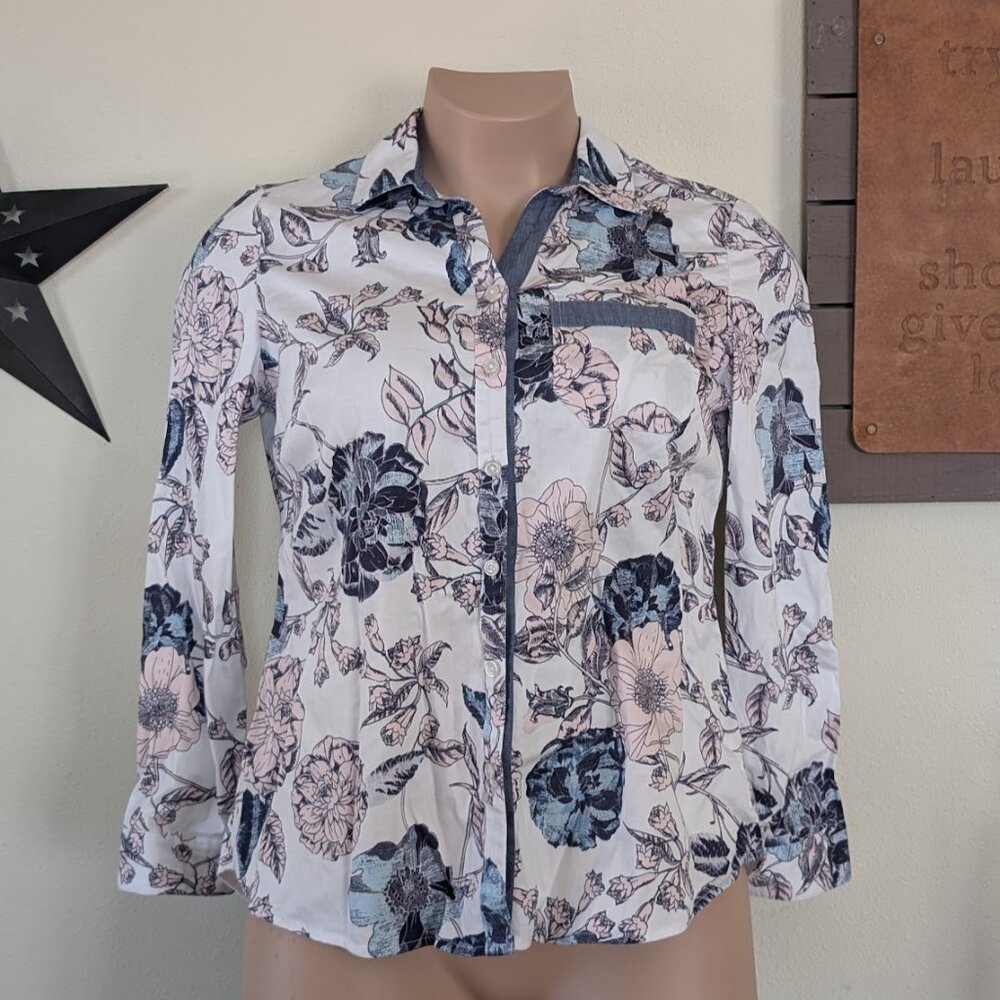 Sz1 Chico's Lady Rose Solid Trim Buttondown